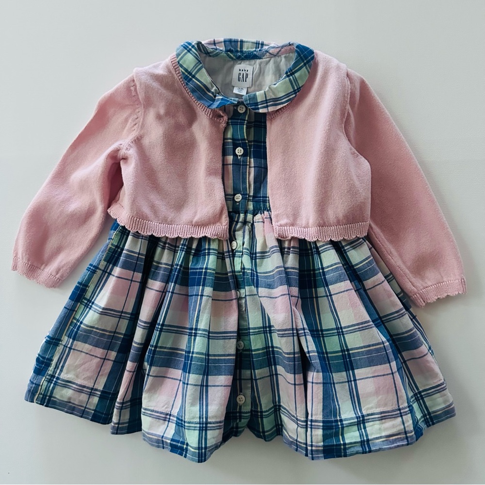 Gap 18-24 Months Baby Girl Pink Cardigan & Plaid Dress Set Outfit Spring